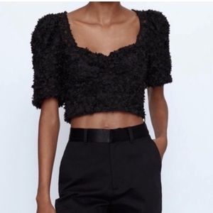 ZARA Black Textured Tulle Top